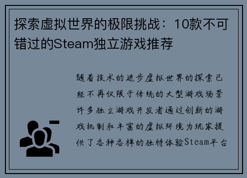探索虚拟世界的极限挑战：10款不可错过的Steam独立游戏推荐