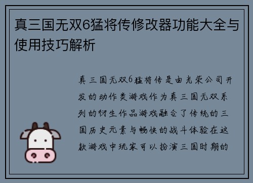 真三国无双6猛将传修改器功能大全与使用技巧解析